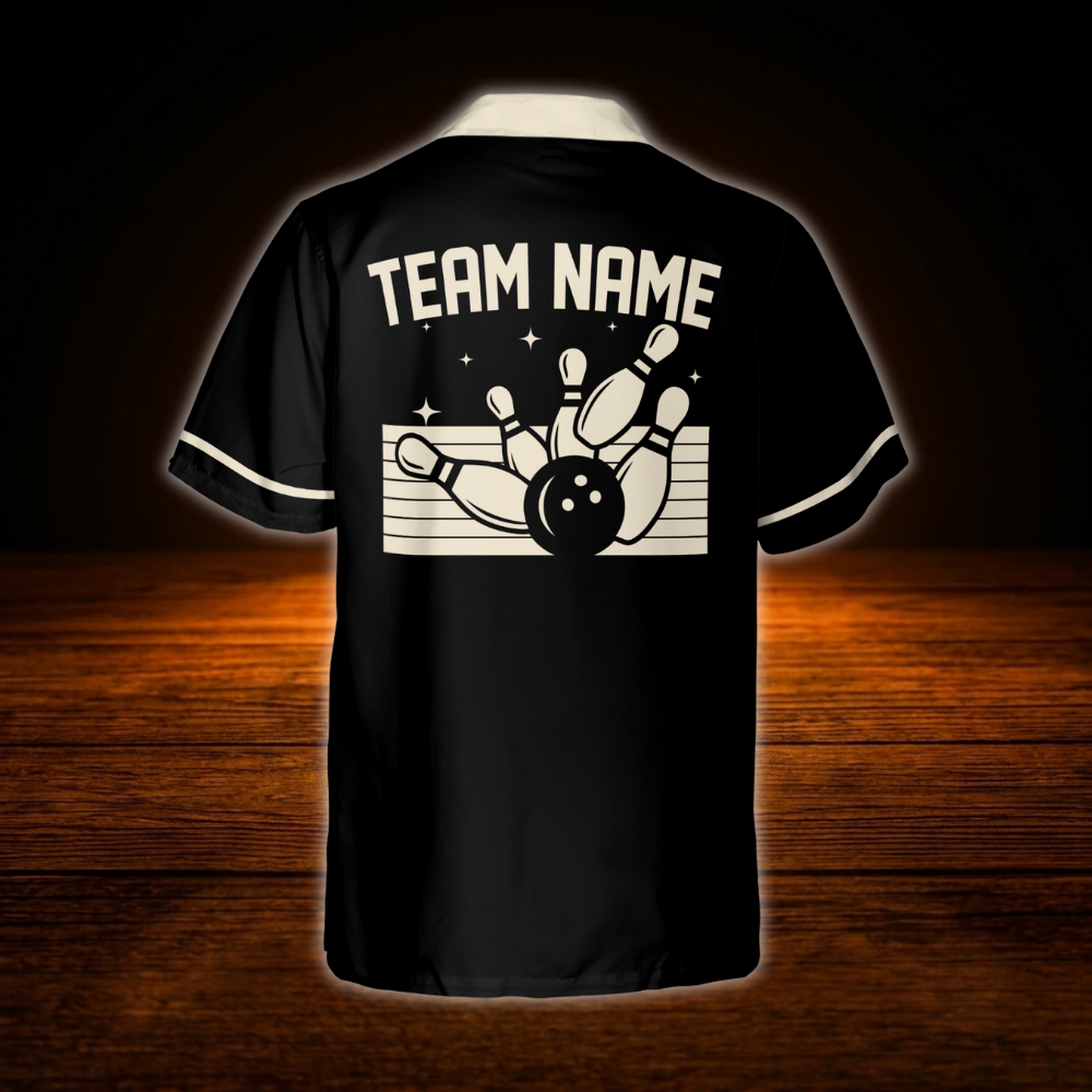 Custom Men's Retro Black Bowling Hawaiian Shirt, Custom Retro Bowling Shirt Team