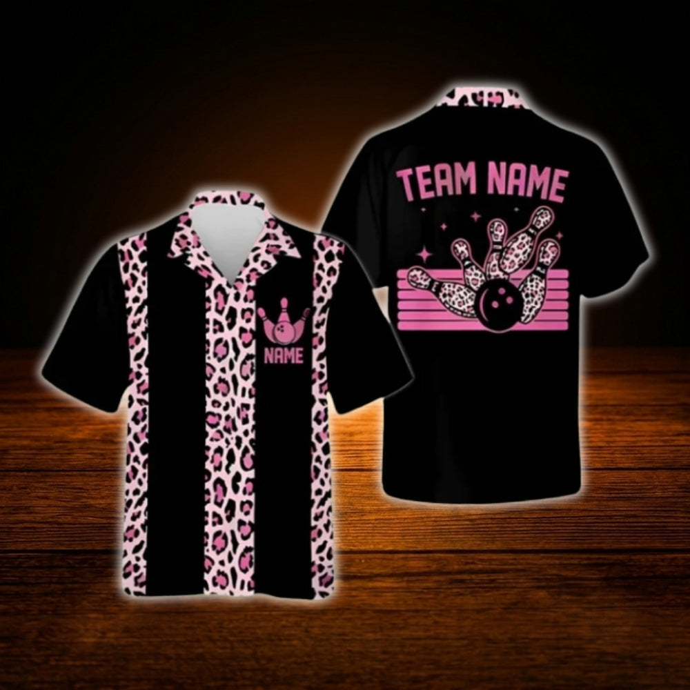 Custom Leopard Beige Black Bowling Hawaiian Shirt, Custom Leopard Bowling Team Shirt