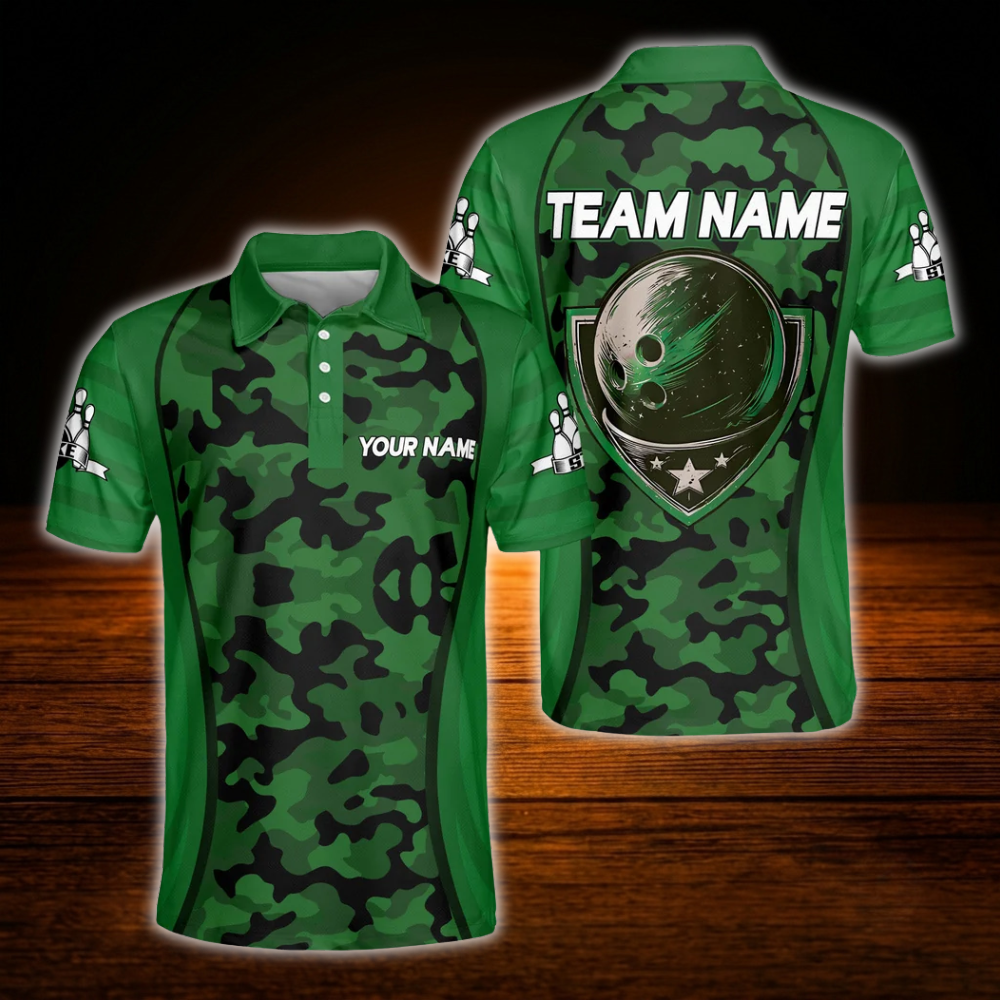 Custom Camo Purple Bowling Polo Shirts For Men, Custom Camo Bowling Team Shirts