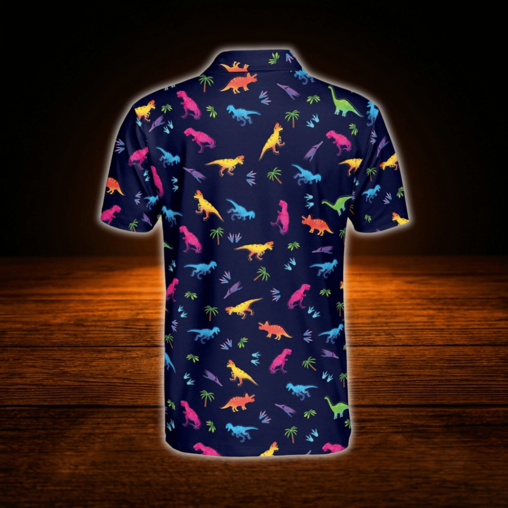 Neon Dinosaur Tropical Men's Navy Golf Polo Shirts, Dinosaur Golf Shirt