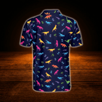 Neon Dinosaur Tropical Men's Navy Golf Polo Shirts, Dinosaur Golf Shirt