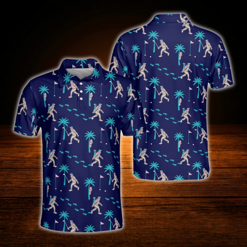Bigfoot Tropical Men's Navy Blue Golf Polo Shirts, Bigfoot Golf Shirts