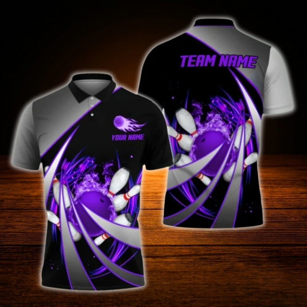 Custom Fire Ball Bowling Men Polo Shirt Cyan Black, Custom Flame Bowling Shirt For Team