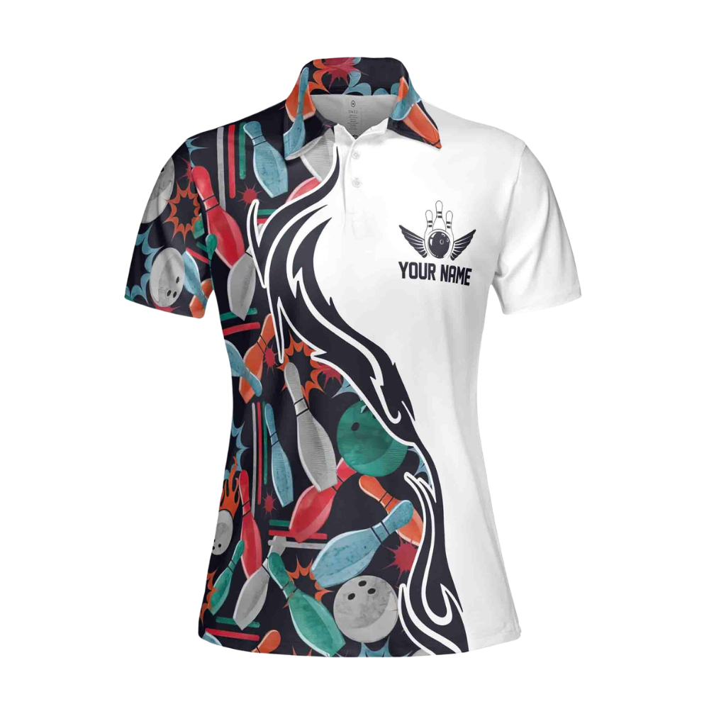Custom Team Pattern Colorful White Bowling Polo Shirt For Women, Custom Bowling Shirt Womens BE0003