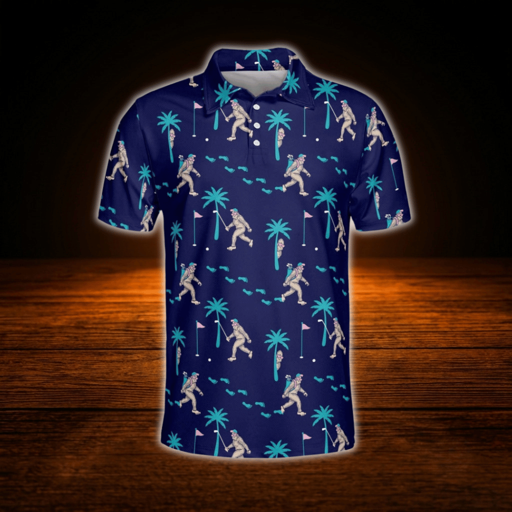 Bigfoot Tropical Men's Navy Blue Golf Polo Shirts, Bigfoot Golf Shirts