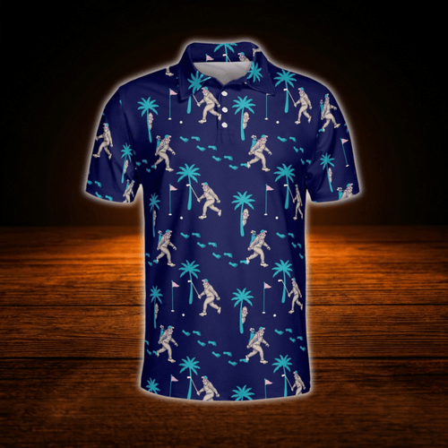 Bigfoot Tropical Men's Navy Blue Golf Polo Shirts, Bigfoot Golf Shirts