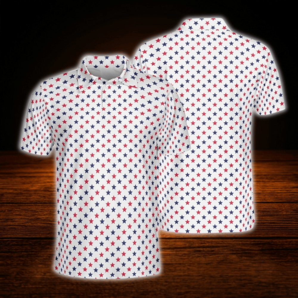 Red White And Blue Star Mens Golf Polo Shirt , 4th Of July Patriotic Golf Shirt