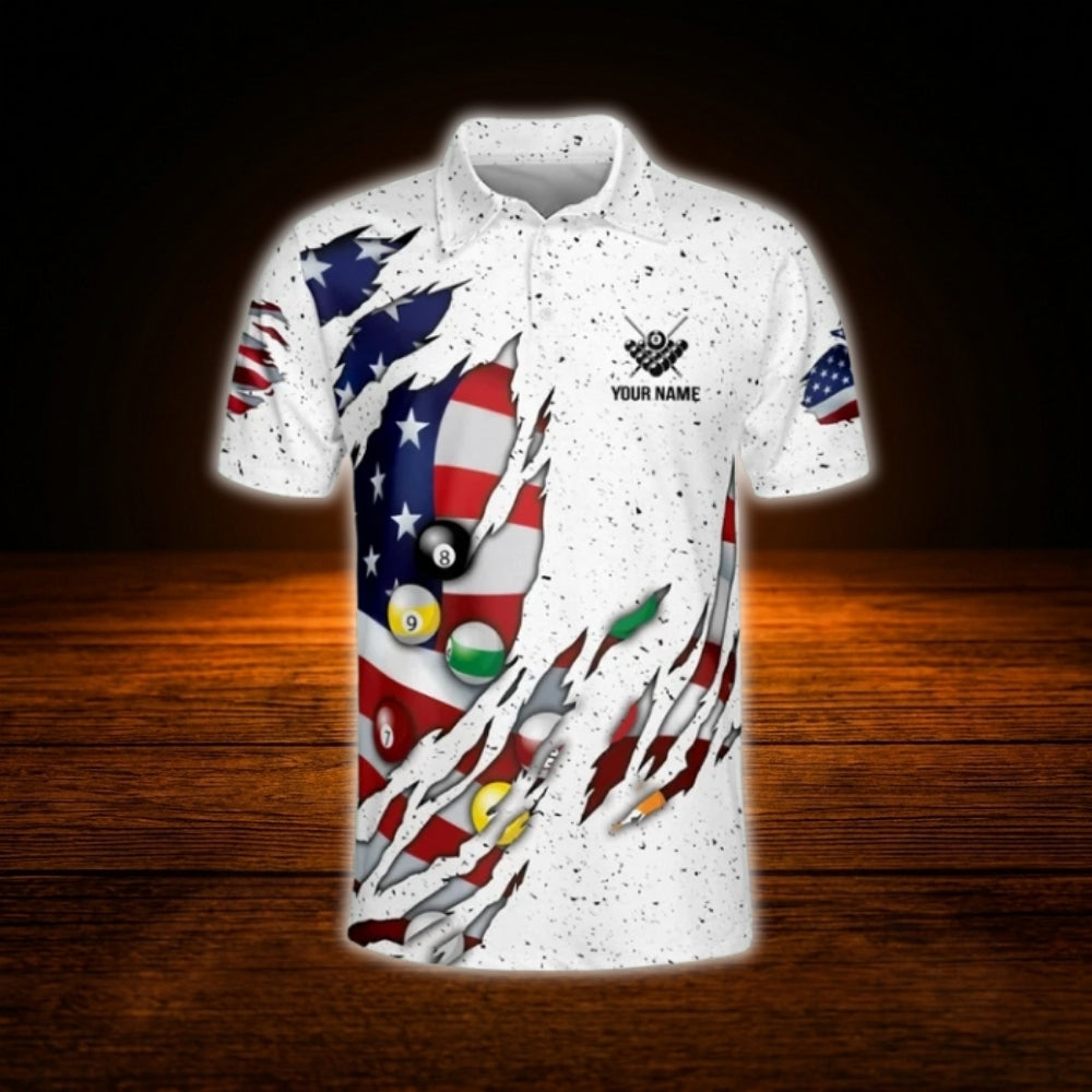 Custom American Flag Billiard Men Polo Shirt White, Custom Patriotic Billiard Shirt For Team