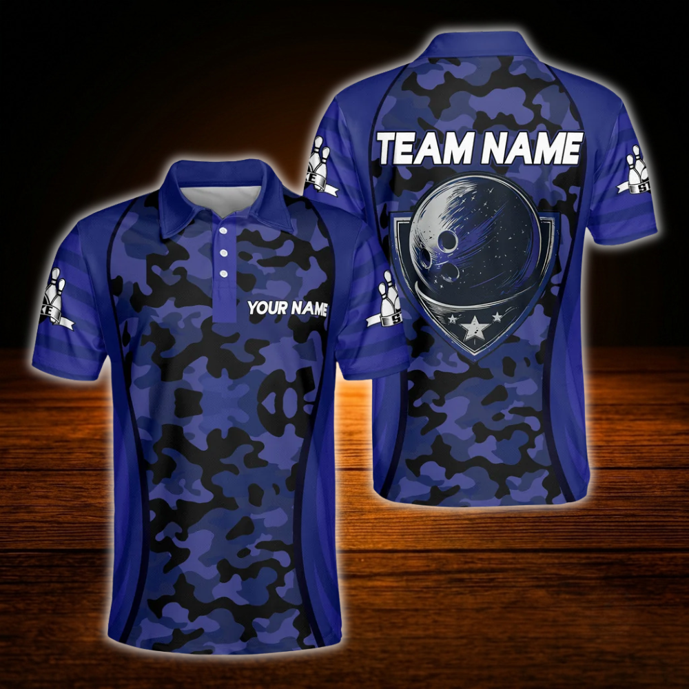 Custom Camo Purple Bowling Polo Shirts For Men, Custom Camo Bowling Team Shirts