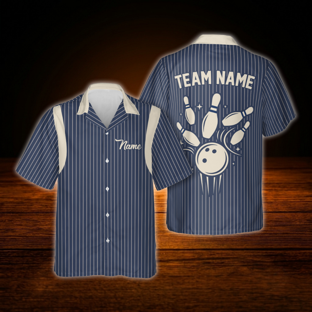 Custom Blue Striped Bowling Hawaiian Shirt For Men, Custom Striped Bowling Team Shirts