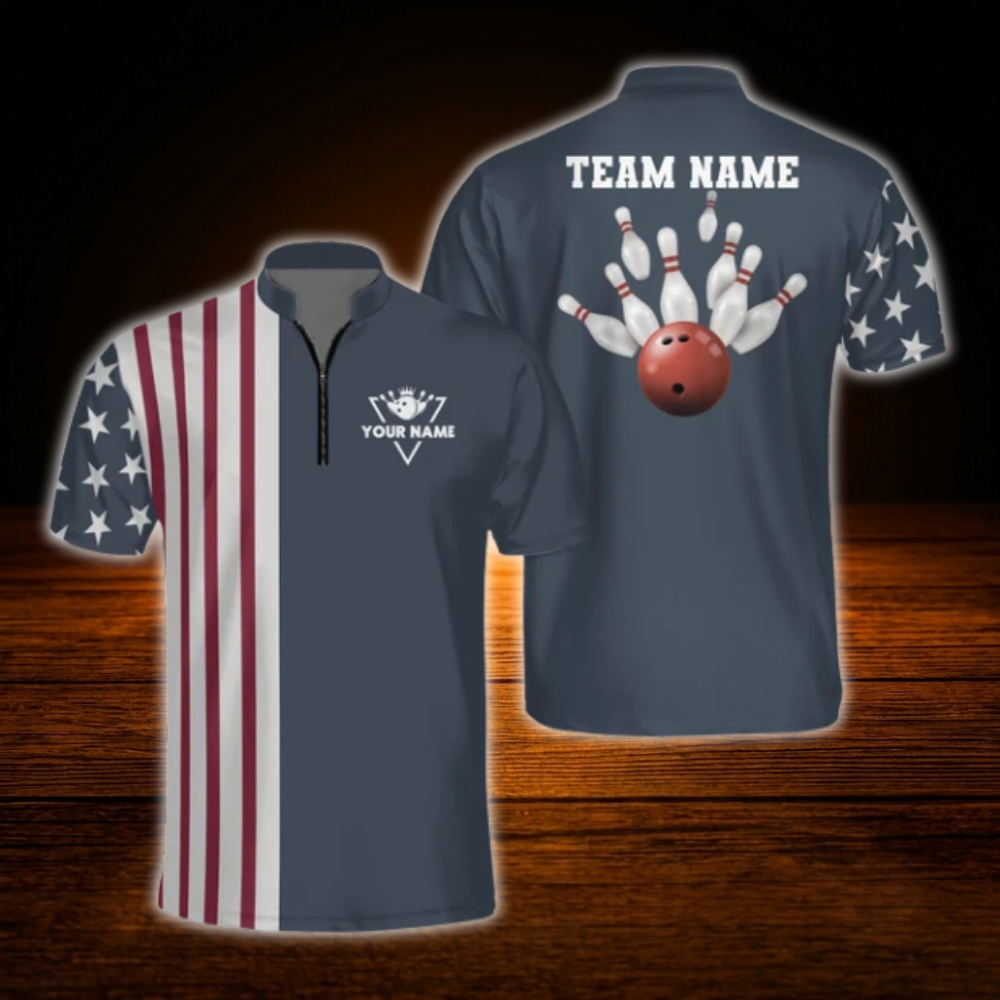 Custom USA Flag Navy Bowling Jersey Men, Custom Patriotic Bowling Team Shirt