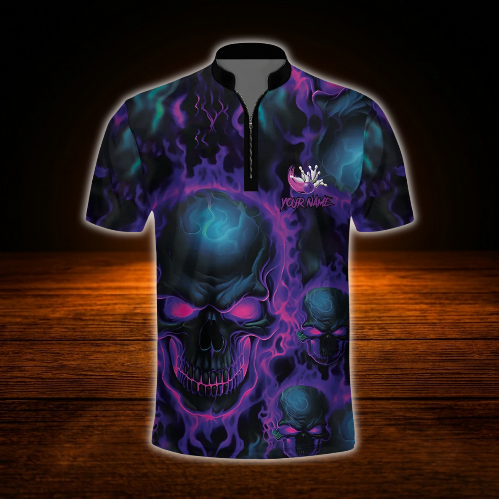 Skeleton Flaming Custom Purple Black Bowling Jersey For Men, Custom Skull Bowling Shirt For Team