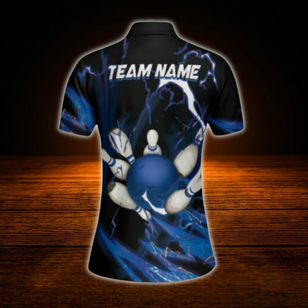 Womens Custom Thunder Blue Black Bowling Polo Shirt, Custom Team Thunder Bowling Shirt For Ladies
