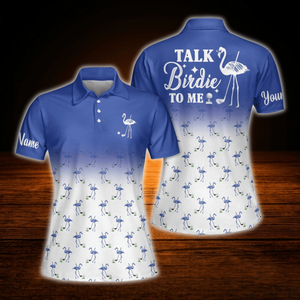 Talk Birdie To Me Personalized Flamingo Women's Pink And White Golf Polo Shirt, Custom Flamingo Golf Shirts For Ladies