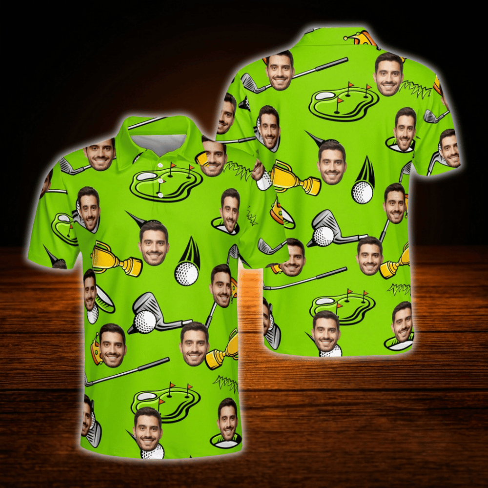 Custom Face Green Golf Polo Shirt For Men, Custom Photo Golf Shirt