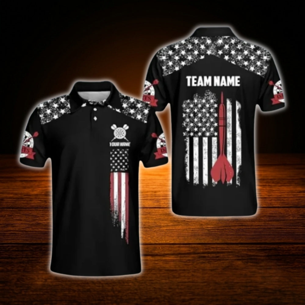 Custom USA Flag Black Dart Polo Shirt For Men, Custom Patriot Dart Team Shirt