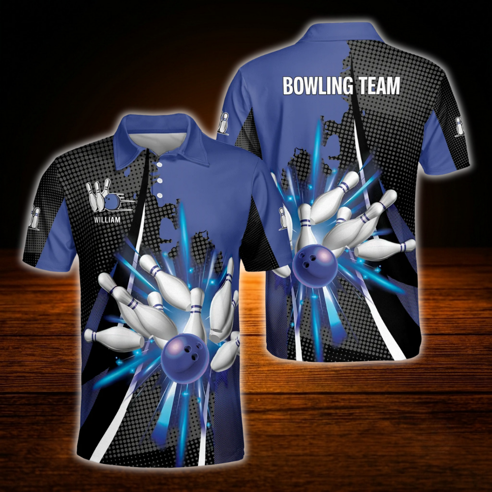 Custom Team Blue Black Bowling Polo Shirt Men, Custom Bowling Team Shirt