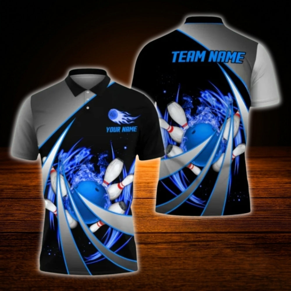 Custom Fire Ball Bowling Men Polo Shirt Cyan Black, Custom Flame Bowling Shirt For Team