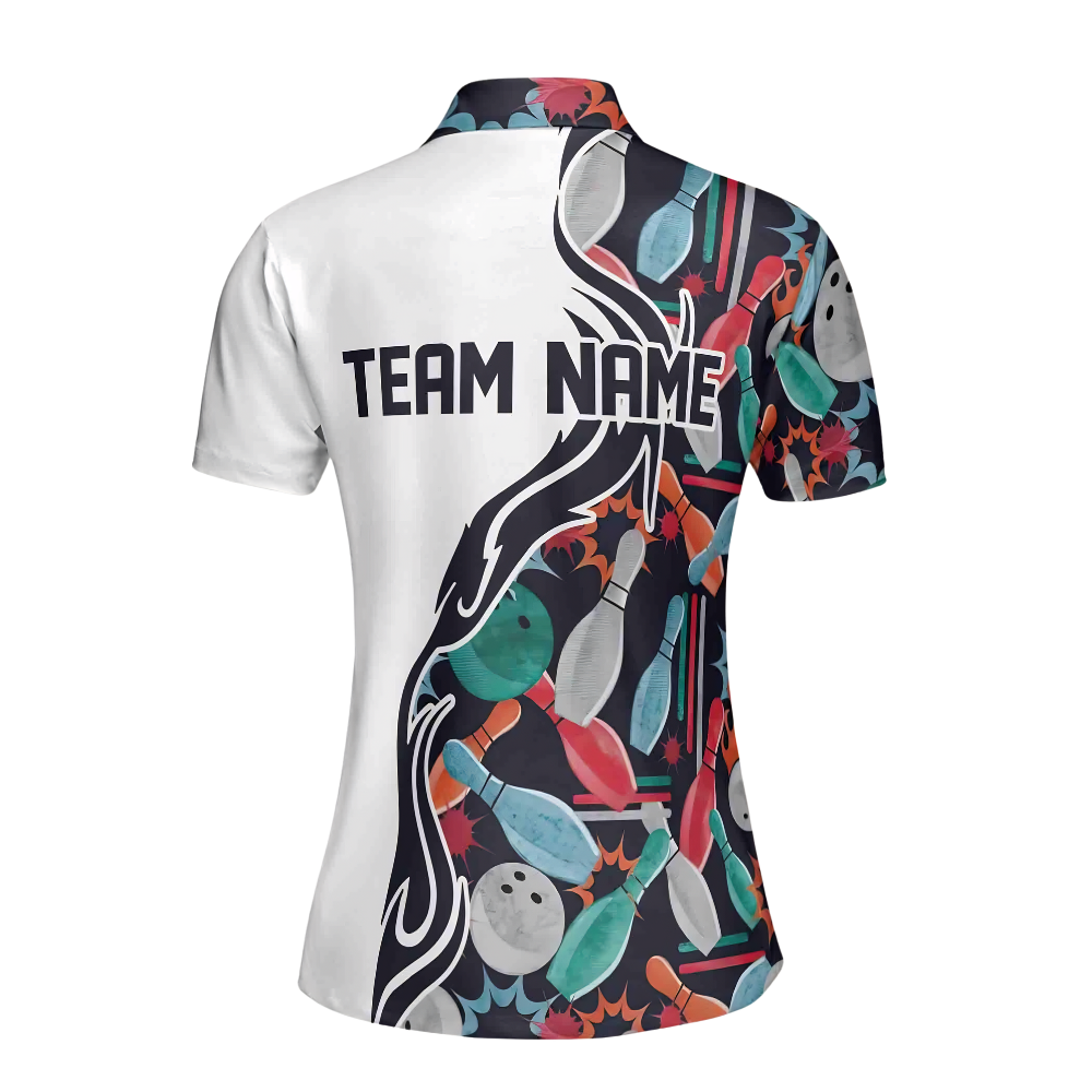 Custom Team Pattern Colorful White Bowling Polo Shirt For Women, Custom Bowling Shirt Womens BE0003