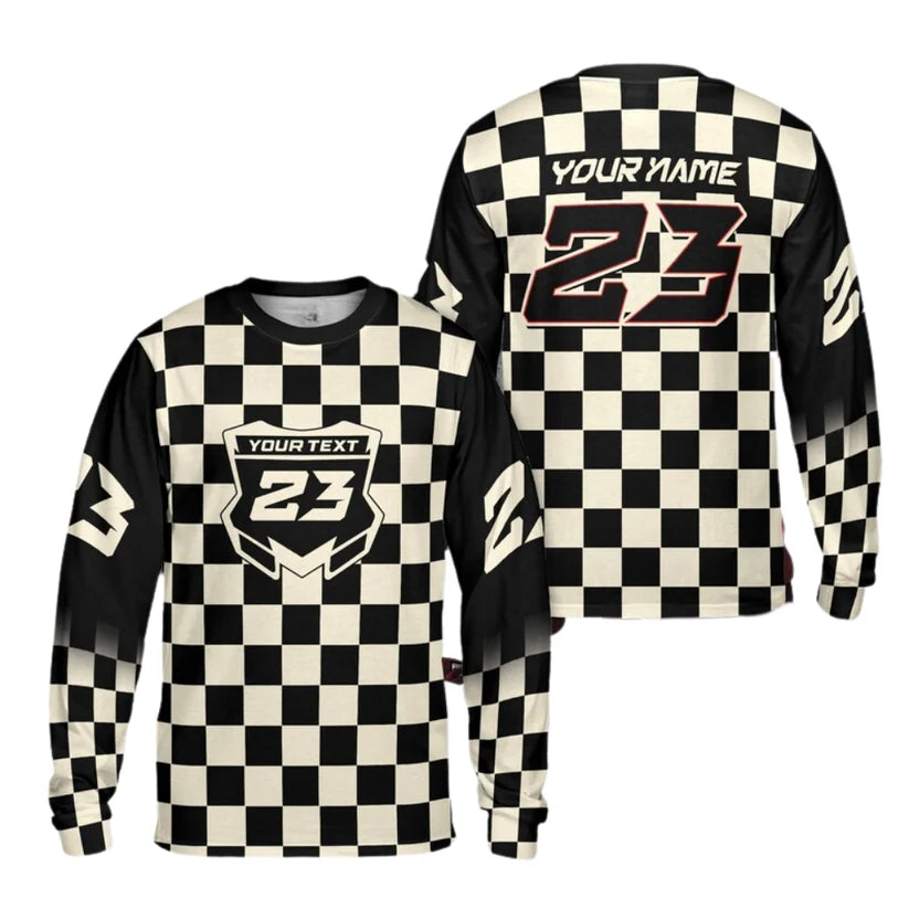 Custom Checkered Dirt Bike Long Sleeve Jersey Shirt For Mens, Custom Checkered Dirt Bike Shirts ME0006