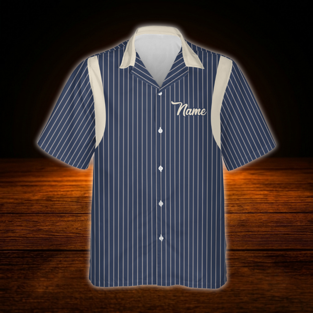 Custom Blue Striped Bowling Hawaiian Shirt For Men, Custom Striped Bowling Team Shirts