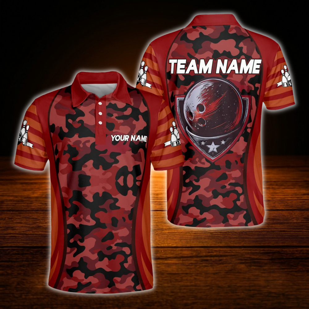 Custom Camo Purple Bowling Polo Shirts For Men, Custom Camo Bowling Team Shirts