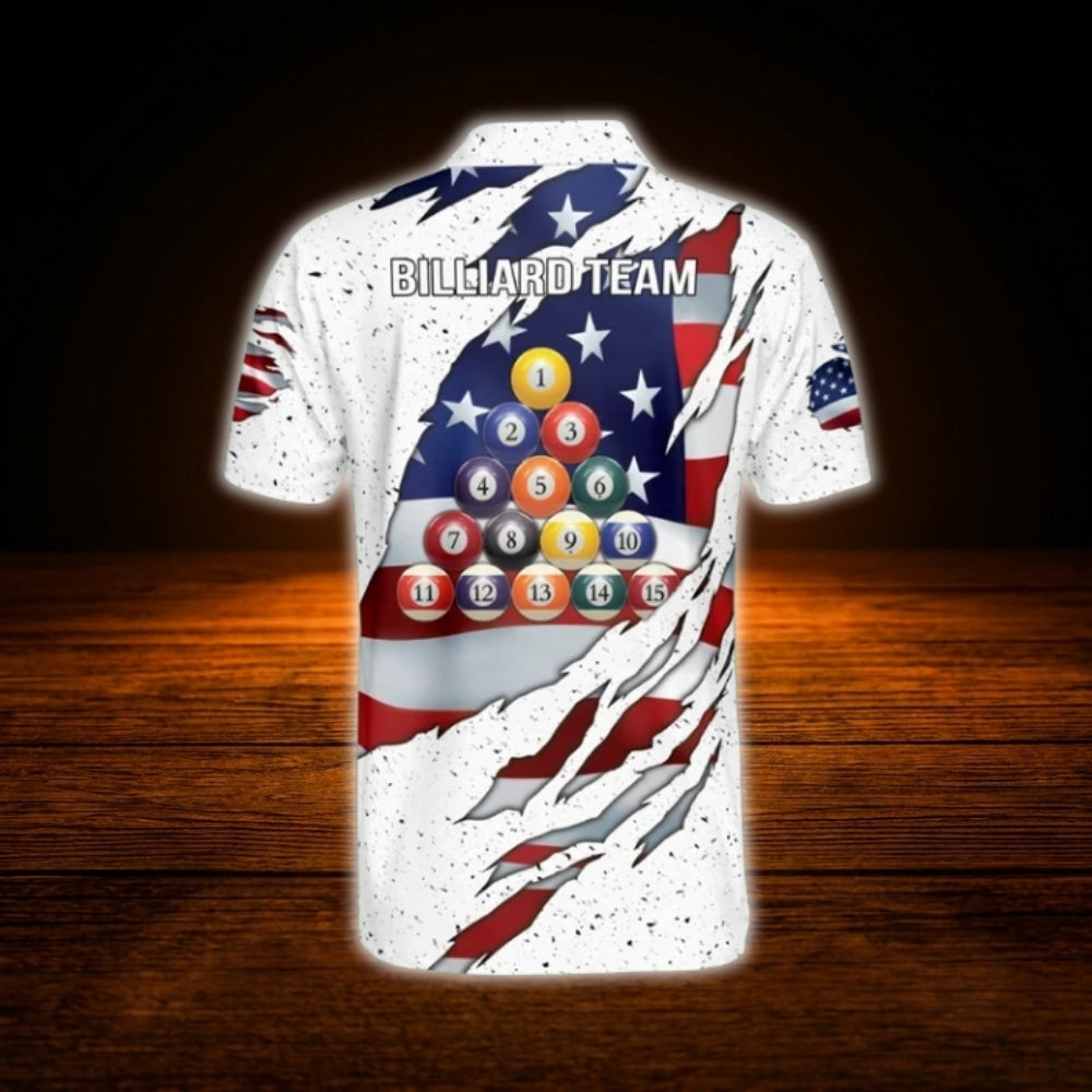 Custom American Flag Billiard Men Polo Shirt White, Custom Patriotic Billiard Shirt For Team