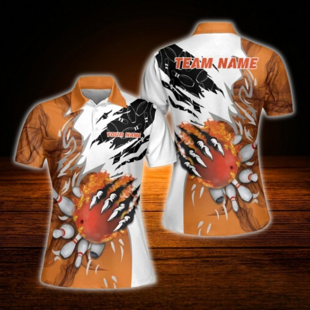 Custom Flame Women's Orange White Bowling Polo Shirt, Custom Flame Bowling Team Shirt