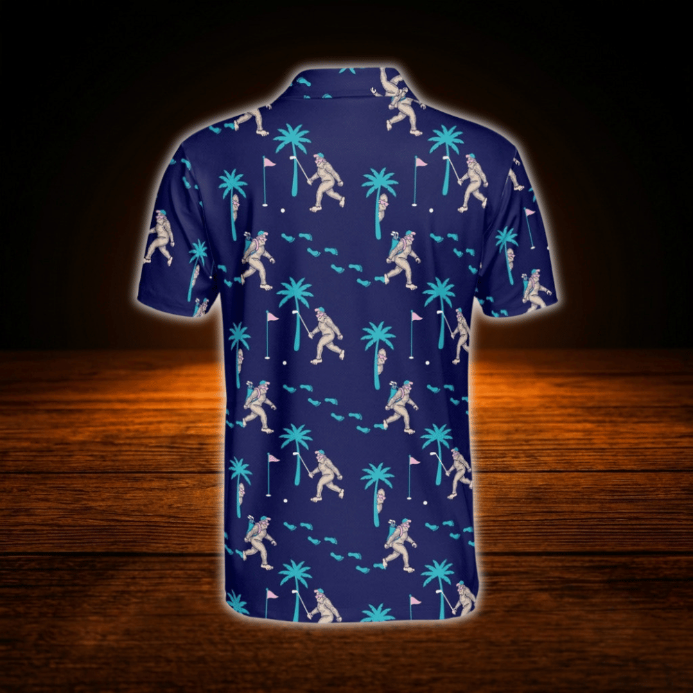 Bigfoot Tropical Men's Navy Blue Golf Polo Shirts, Bigfoot Golf Shirts