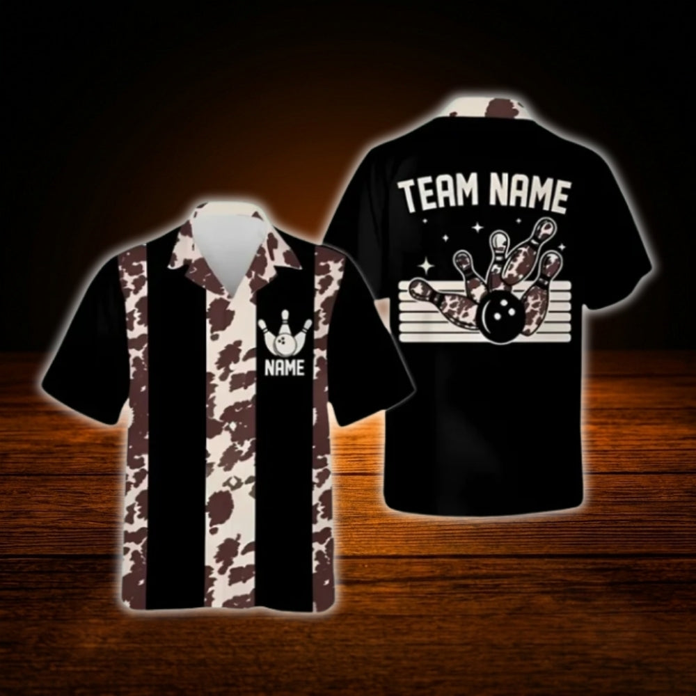 Custom Leopard Beige Black Bowling Hawaiian Shirt, Custom Leopard Bowling Team Shirt