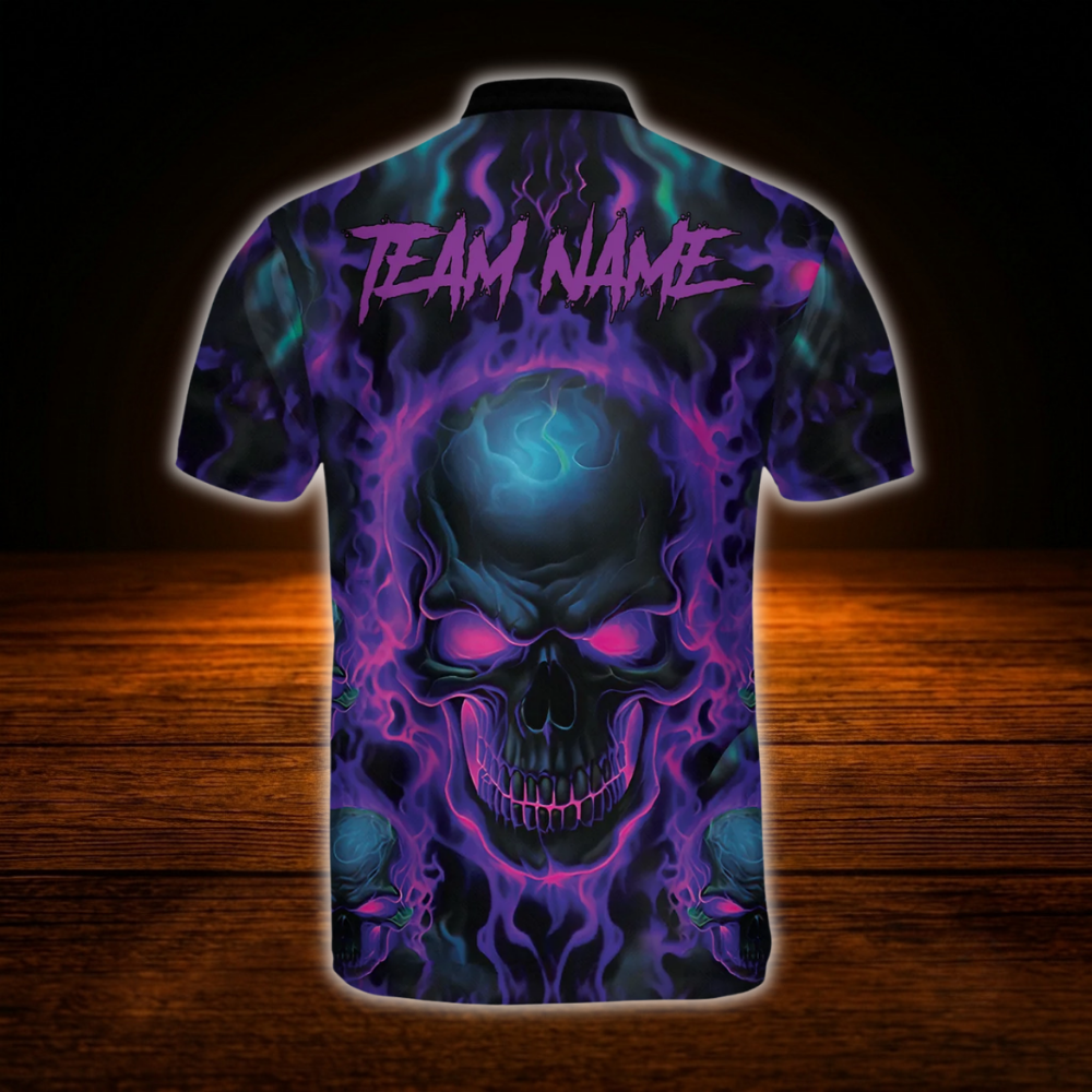 Skeleton Flaming Custom Purple Black Bowling Jersey For Men, Custom Skull Bowling Shirt For Team