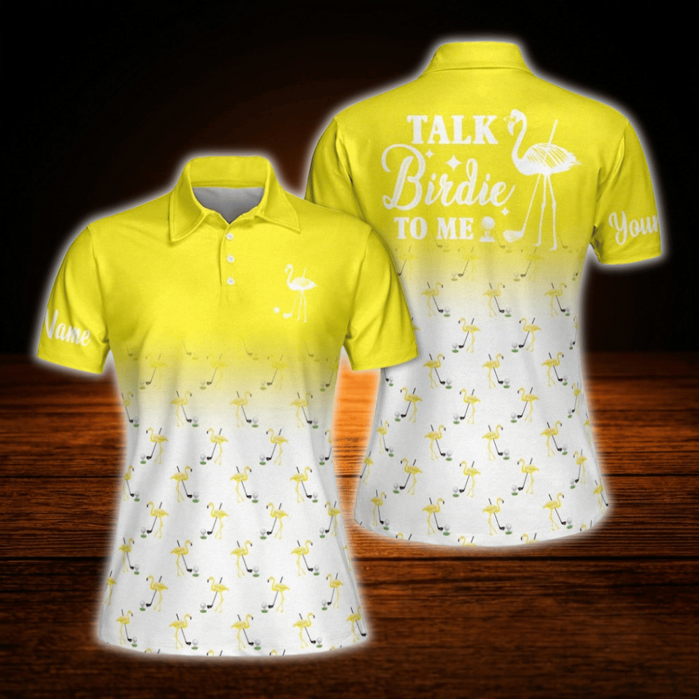 Talk Birdie To Me Personalized Flamingo Women's Pink And White Golf Polo Shirt, Custom Flamingo Golf Shirts For Ladies