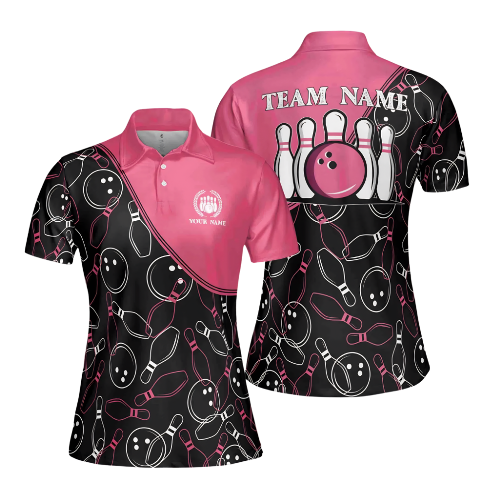 Custom Team Black And Pink Bowling Polo Shirt Womens, Custom Ladies Bowling Shirt BE0001