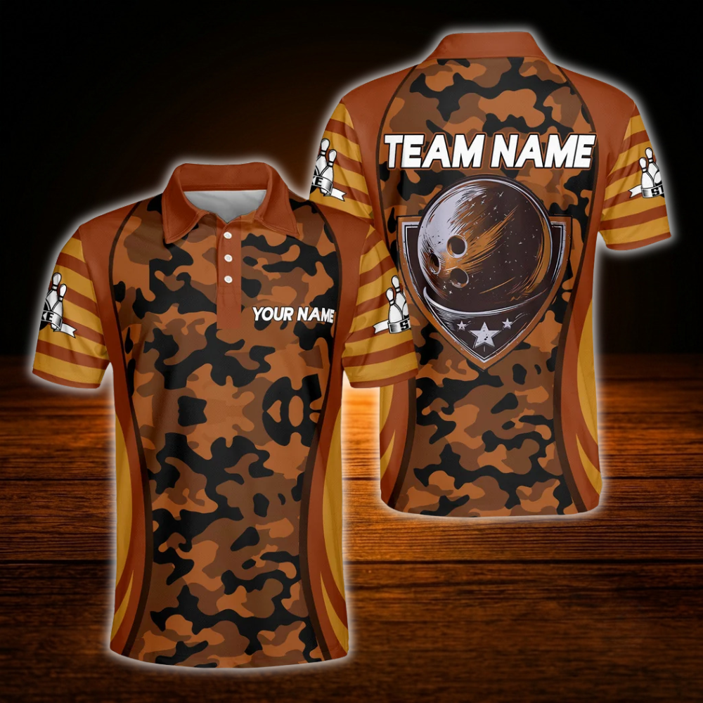 Custom Camo Purple Bowling Polo Shirts For Men, Custom Camo Bowling Team Shirts