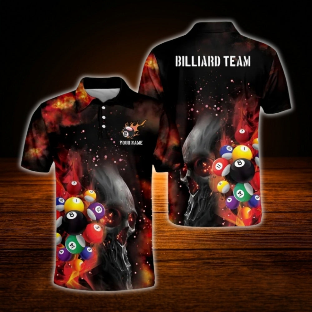Skull Flaming Custom Mens Billiard Polo Shirt, Custom Skull Billiard Team Shirt