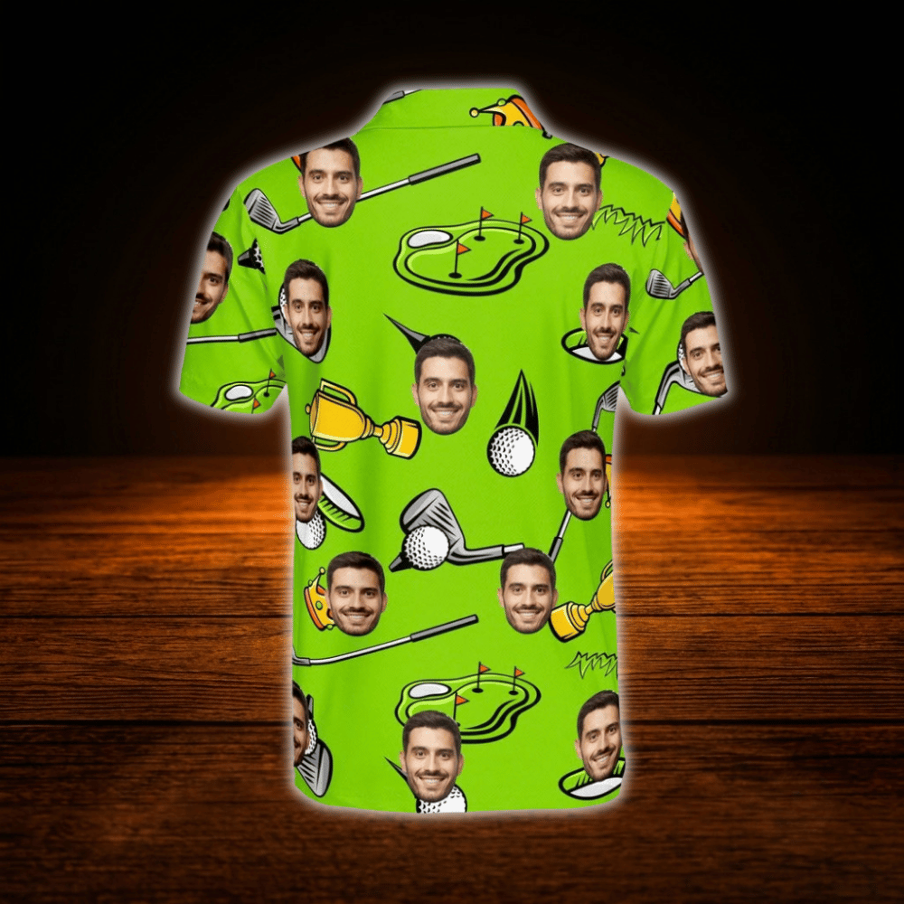 Custom Face Green Golf Polo Shirt For Men, Custom Photo Golf Shirt