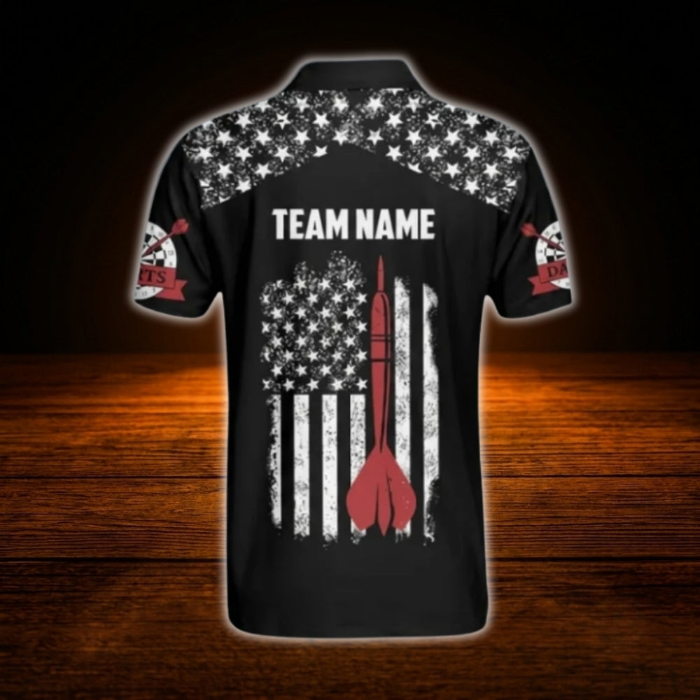 Custom USA Flag Black Dart Polo Shirt For Men, Custom Patriot Dart Team Shirt