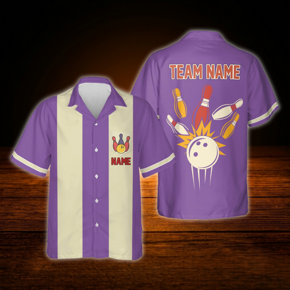 Custom Purple Retro Bowling Hawaiian Shirt Women Men, Custom Retro Bowling Shirt Team