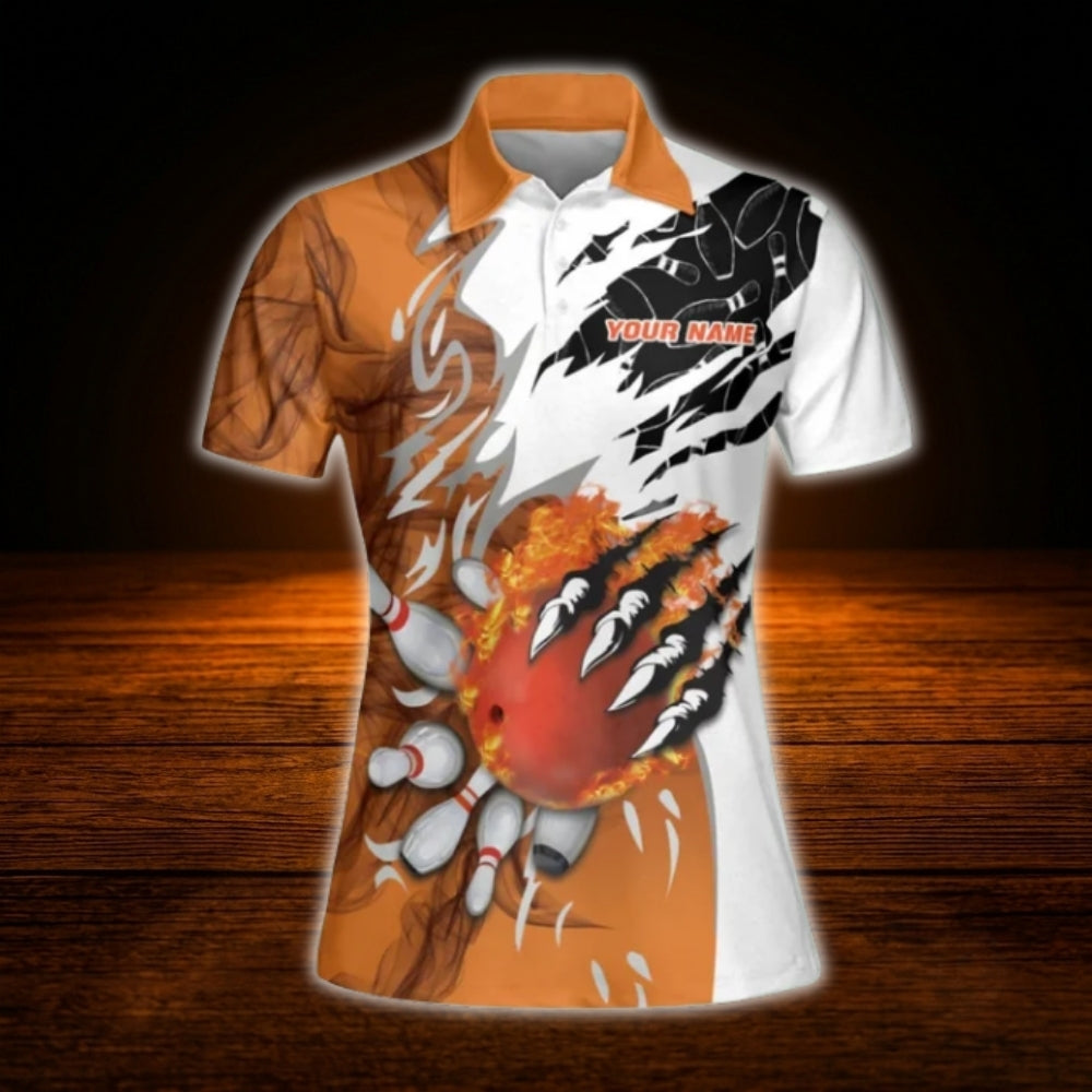 Custom Flame Women's Orange White Bowling Polo Shirt, Custom Flame Bowling Team Shirt