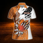 Custom Flame Women's Orange White Bowling Polo Shirt, Custom Flame Bowling Team Shirt