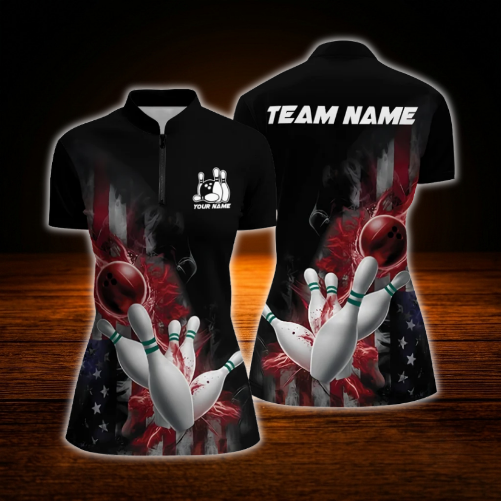Custom Flame USA Flag Bowling Jersey For Women, Custom Patriotic Bowling Team Shirt Ladies