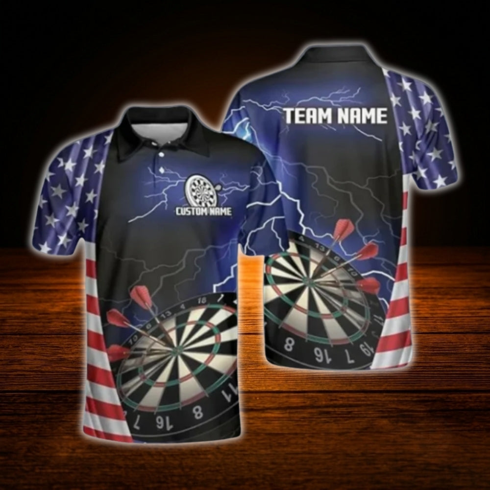 Custom American Flag Thunder Dart Polo Shirt For Men, Custom Patriotic Dart Team Shirt