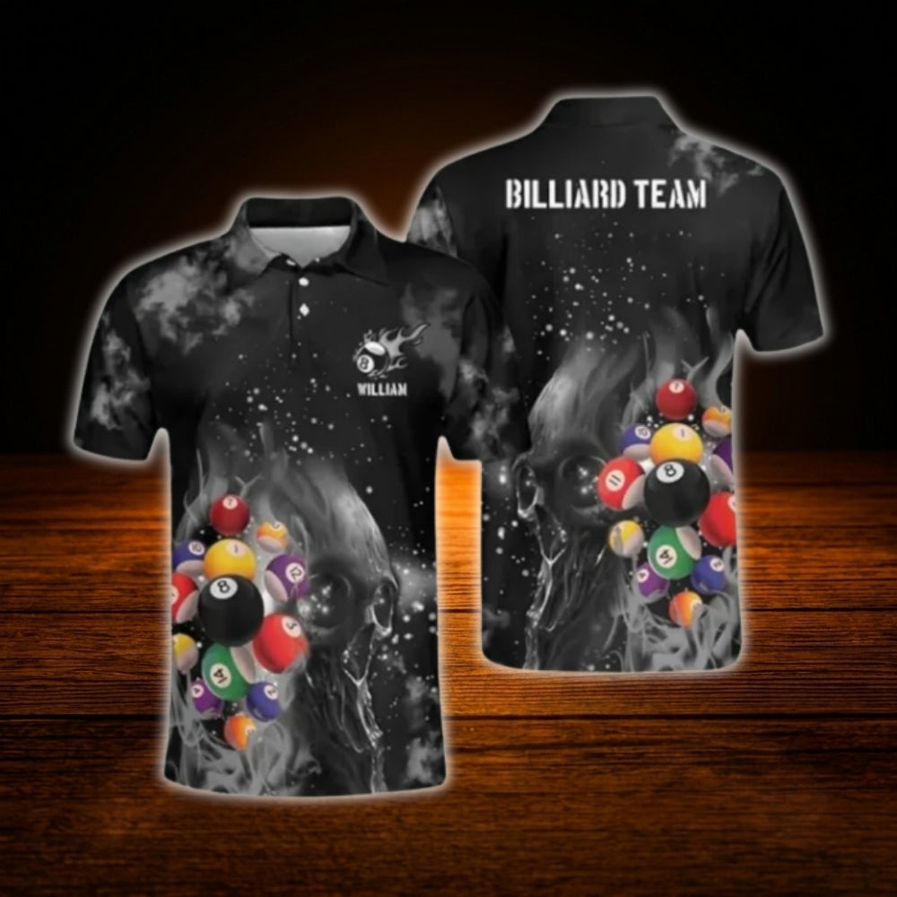Skull Flaming Custom Mens Billiard Polo Shirt, Custom Skull Billiard Team Shirt