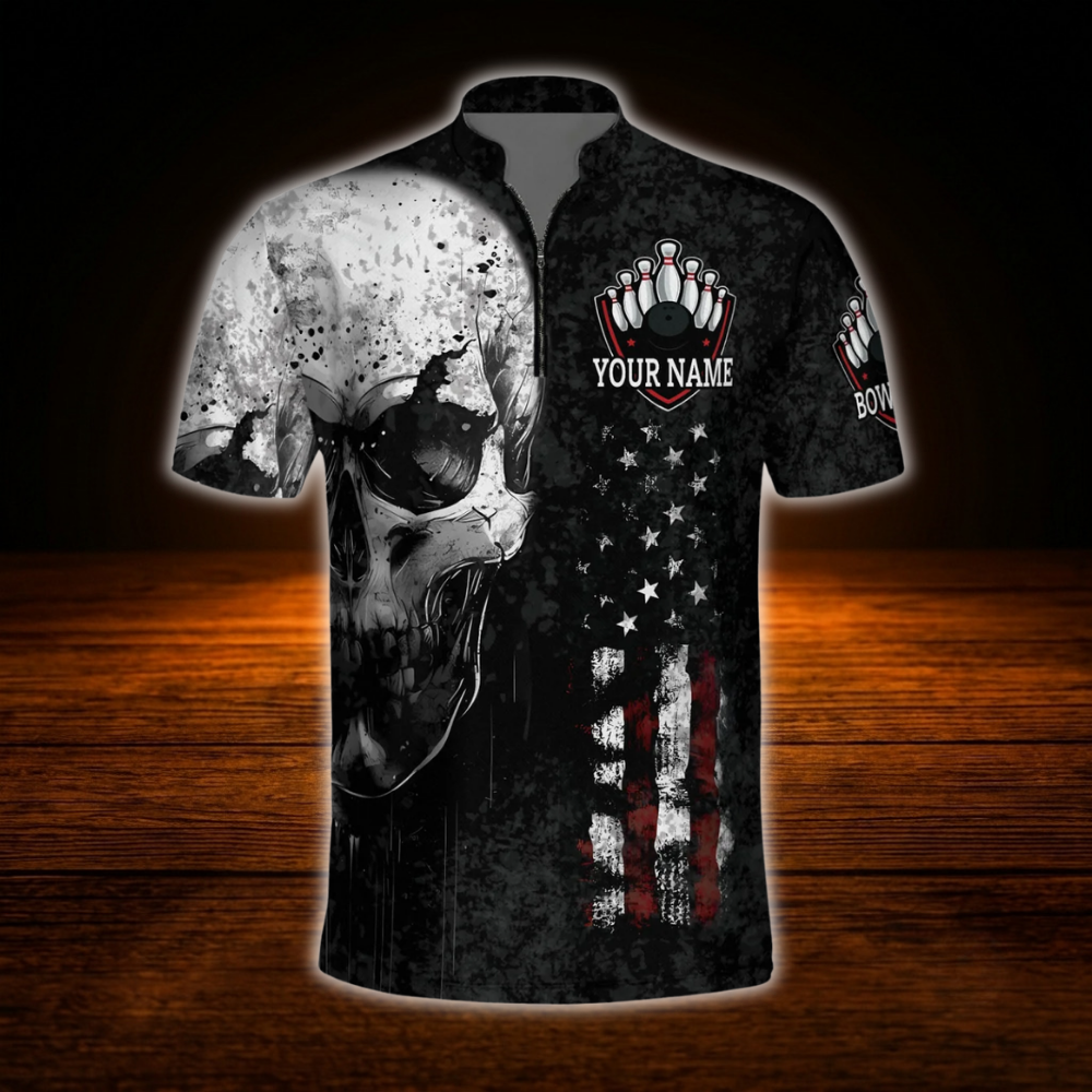 Custom Skull USA Flag Bowling Men Jersey, Custom Skeleton Team Bowling Shirt