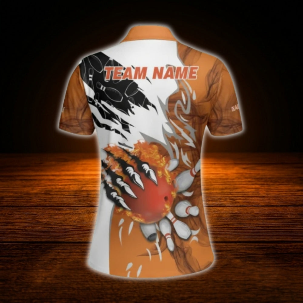 Custom Flame Women's Orange White Bowling Polo Shirt, Custom Flame Bowling Team Shirt