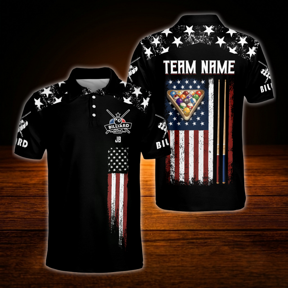Custom American Flag Mens Black Billiard Polo Shirts, Custom Patriotic Billiard Team Shirts