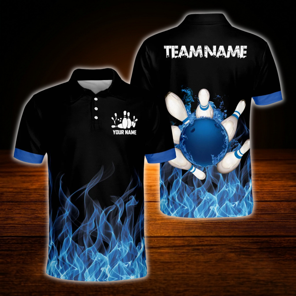 Custom Blue Flame Men's Bowling Polo Shirts, Custom Flame Bowling Shirts Team