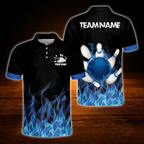 Custom Blue Flame Men's Bowling Polo Shirts, Custom Flame Bowling Shirts Team