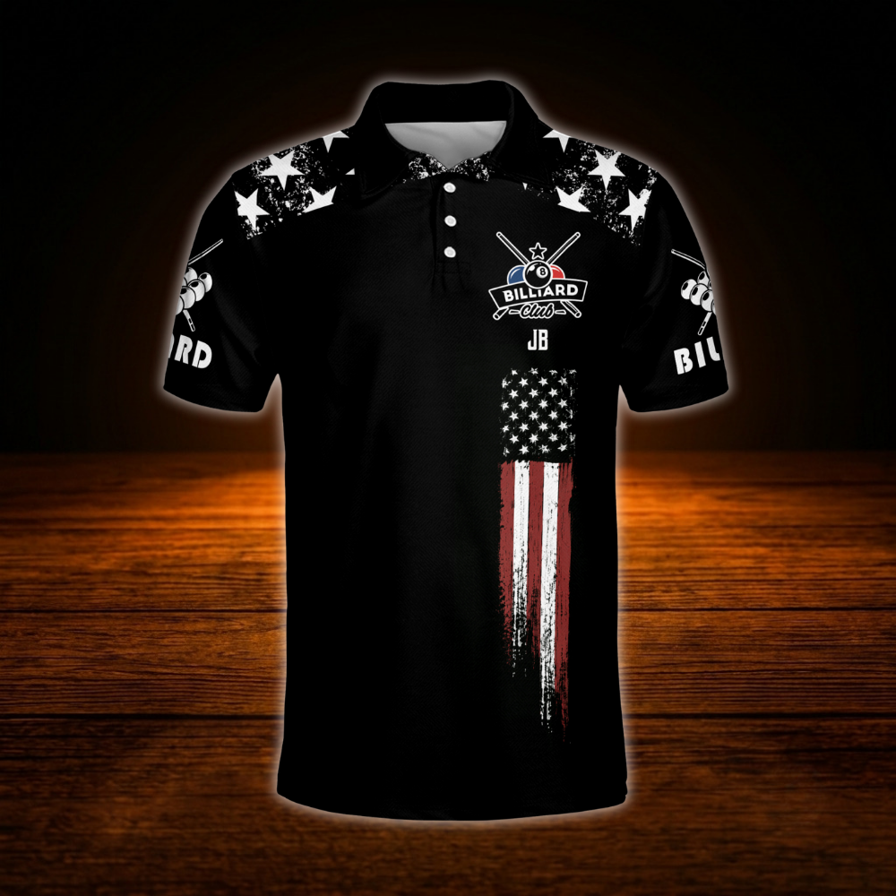 Custom American Flag Mens Black Billiard Polo Shirts, Custom Patriotic Billiard Team Shirts