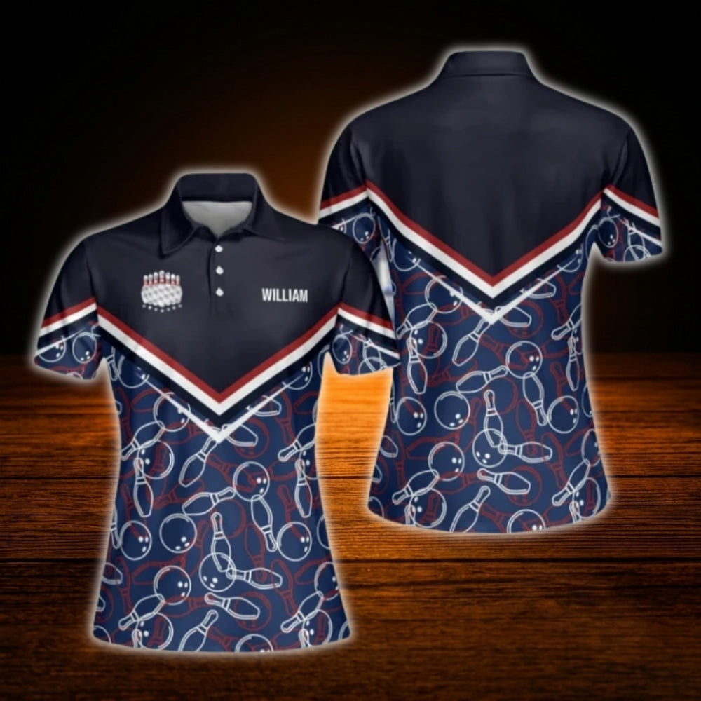Women's Custom Name Navy Blue Bowling Polo Shirt, Custom Bowling Shirt For Ladies